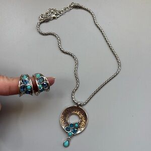 Brighton Eye Of The Tiger Turquoise Pendant Necklace Scroll Hoop Earring 2pc Set
